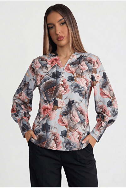 ESPİNA Bluză de scuba cu manșetă cu mânecă cu nasturi cu aspect digital pentr...