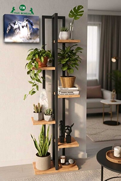 Genel Markalar Siyah Metal Çerçeveli Çiçeklik 6 Bölmeli Ahşap Raf