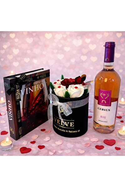 velve Set cadou VLV, unisex, 5 accesorii pentru sticla cu vin, aranjament flo...