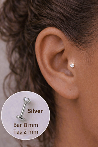 Sacce Scarves&Accessories 2 mm Tektaşlı 8 mm Çelik Piercing Gümüş Renkli