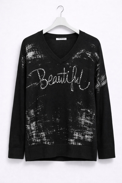 günay boutıque قصة فضفاضة بلوزة تريكو نسائية سوداء برقبة على شكل حرف V مطبوع