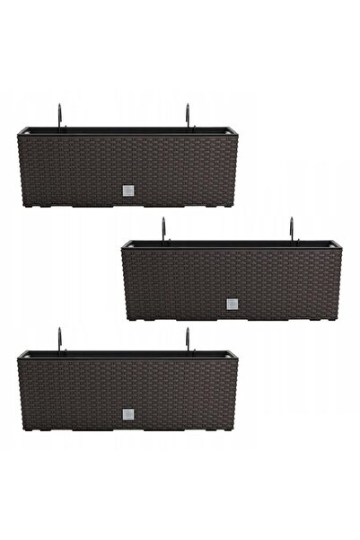 Mercaton Set 3 jardiniere cu suport metalic, imitatie ratan, maro, 58x18x19.5...