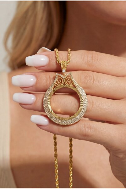 FerizZ Altın Kaplama İmitasyon Lale Model Zirkon Taşlı Gramse Çerçeve Kolye U...