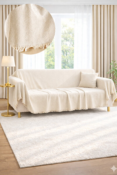 SEVHOME CONCEPT Naturel Pamuk Saçaklı Koltuk Örtüsü 170x215 cm
