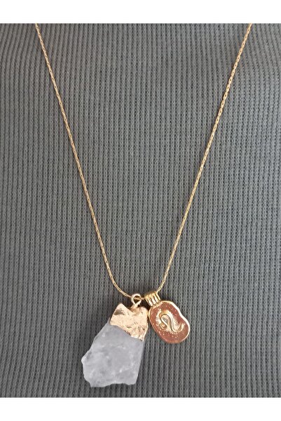 LemaStone Aslan burcu ile uyumlu berrak kuvars doğal taşlı çelik kolye