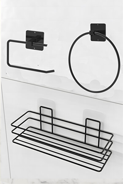 MayCap 3'lü Set Yapışkanlı Banyo Düzenleyici Duşakabin Şampuanlık Rafı Siyah