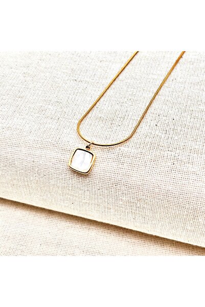 Siya Silver Kararmaz Çelik Kabartmalı Sedefli Kare Model Minimal Kolye