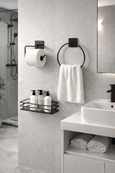 MayCap 3'lü Set Yapışkanlı Banyo Düzenleyici Duşakabin Şampuanlık Rafı Siyah