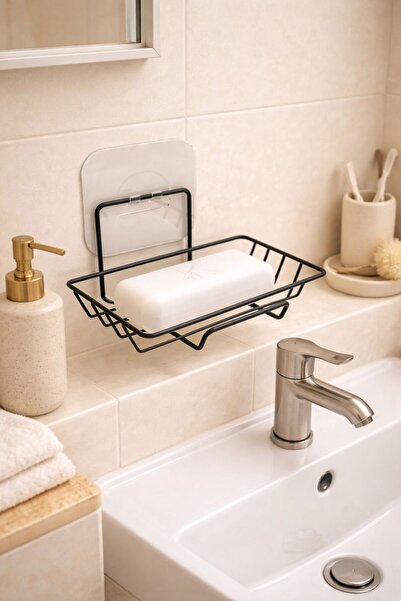 KARTEYA Yapışkanlı Siyah Dekoratif Sabunluk Banyo Düzenleyici Banyo Askı Akse...