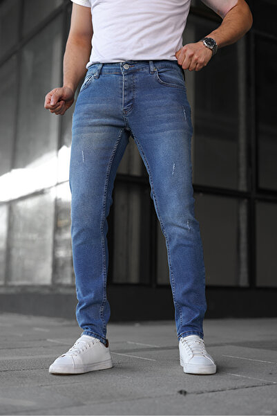 ENERJİN Erkek Slim Fit Likralı Kot Pantolon Düz Tırnak Mavi