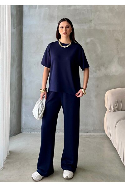 BEJNA Women's Navy Blue Modal Short Sleeve Soft Touch Sports Suit