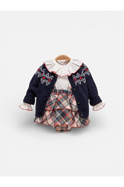 Gocoland Kız Bebek Askılı Salopet, Triko Hırka ve Gömlek Üçlü Takım Ekoseli Y...