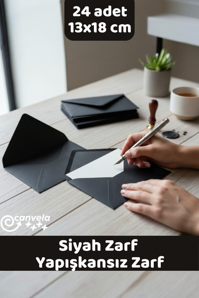 İstisna 24 Adet Siyah Zarf 13x18 cm Mektup Kartpostal Davetiye Zarfı