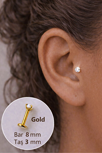 Sacce Scarves&Accessories Tektaş Gold Çelik Piercing Tragus Helix Kıkırdak 8 Mm