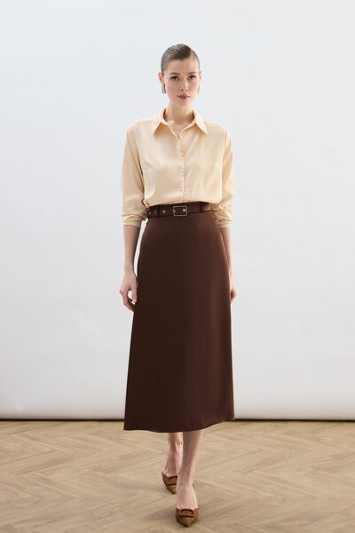 Sateen Belted Satin Skirt - Brown