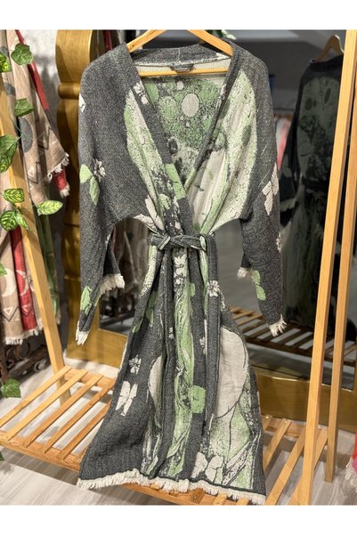 Befera Design Muslin Kimono 100% Cotton Women's Patterned Jacquard Bathrobe Kaftan Dressing Gown Green