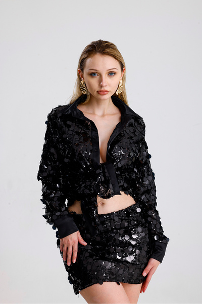 Sense Подплатена мини пола с пайети и детайли от пайети | ETK36397 Черно