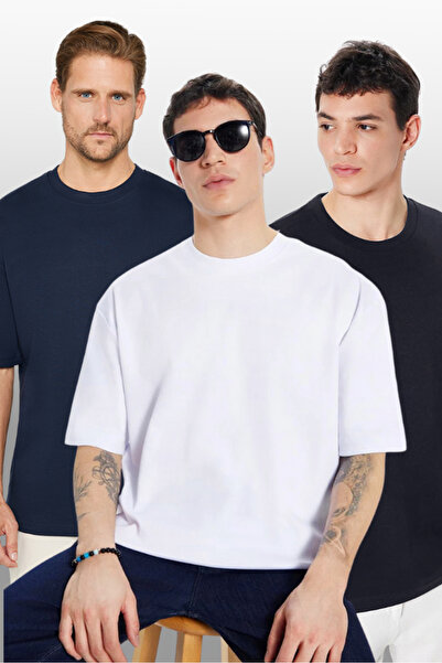 Tudors Unisex 3 Pack Navy Blue-White-Black Oversize Φαρδιά κοπή 100% βαμβακερ...