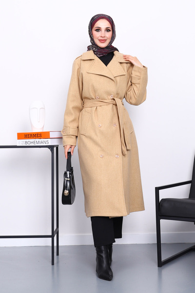 İmajButik Dark Beige Double Breasted Collar Belted Stash Coat