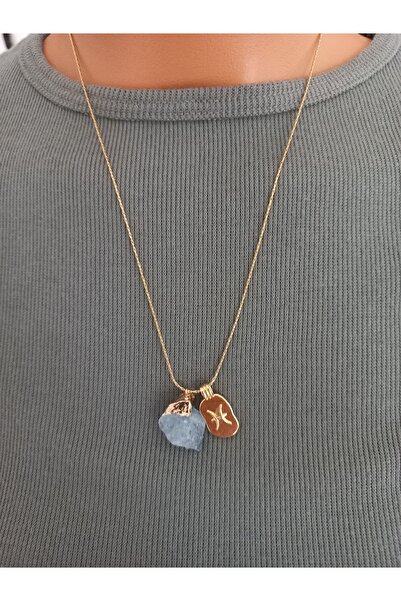 LemaStone Balık burcu ile uyumlu Ham gerçek akuamarin taşlı çelik kolye