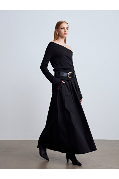 Dilvin 81064 Φούστα μίντι με χαλαρή εφαρμογή-Μαύρη