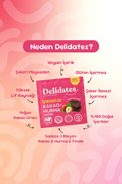 Delidates Fındıklı Hurmalı Bitter Çikolata | Şekeri Meyveden X 4 Adet
