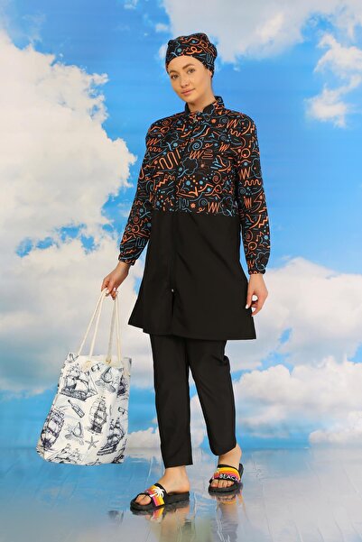Akbeniz Full Hijab Swimsuit - Women's, Patterned, Black, with Pants 31075