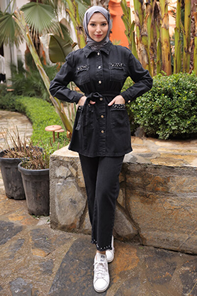 İmajButik Black Jewelled Pearled Tasseled Jeans Set