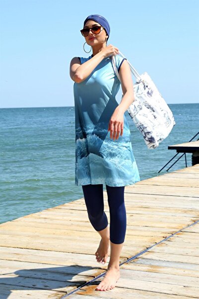 Akbeniz ملابس سباحة نصف حجاب منقوشة بأكمام صفر 33009