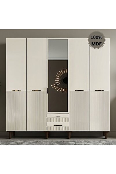 comiet Defne 5 kapak ayaklı tasarım aynalı Country MDF gardırop