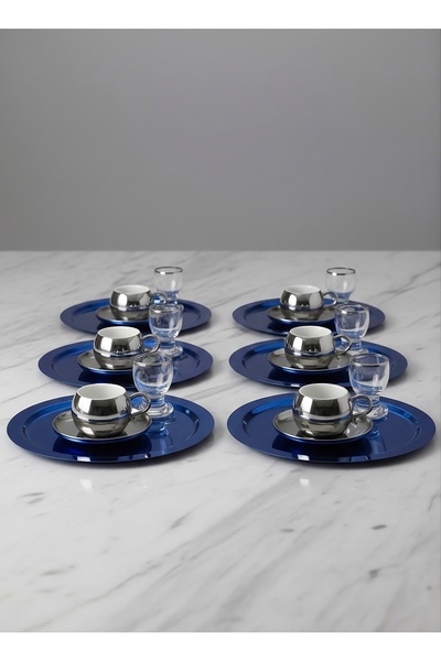 SİNİ Paslanmaz Çelik 6 Adet Yuvarlak Lüx Mavi Kahve, Çay Sunum Servis Tepsisi
