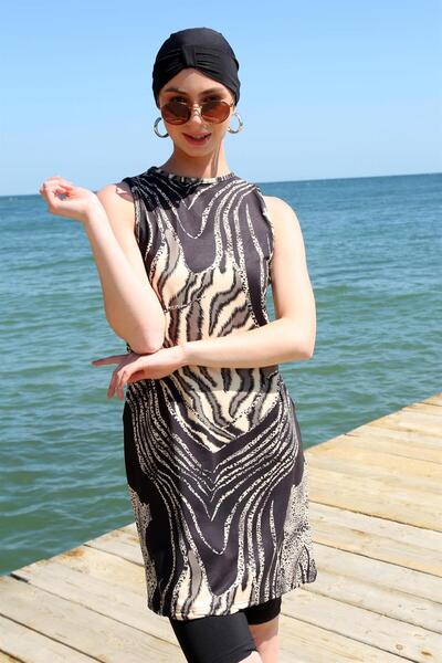 Akbeniz Sleeveless Leopard Modest Semi-Modest Swimsuit 33010