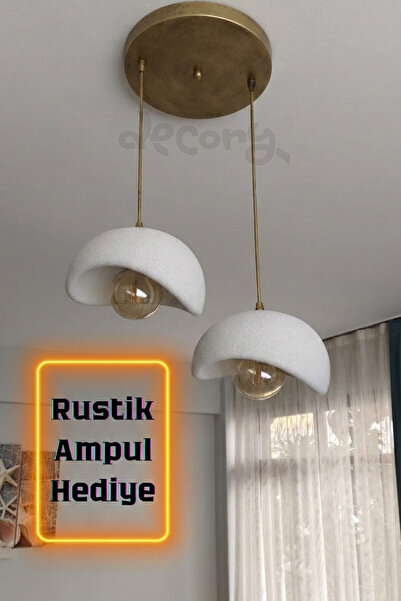 decory Beton Görünümlü 2'li Sarkıt Avize, Bohem Sarkıt Avize (Rustik Ampul He...