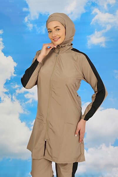 Akbeniz Beige Hijab Swimsuit - Women's, with Pants and Stripes, Full 31066