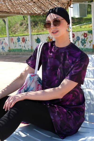 Akbeniz Short Sleeve Rose Half Hijab Swimsuit 33014