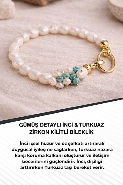 Saff Doğal Taş سوار فضي مزين باللؤلؤ والزركون الفيروزي قابل للقفل