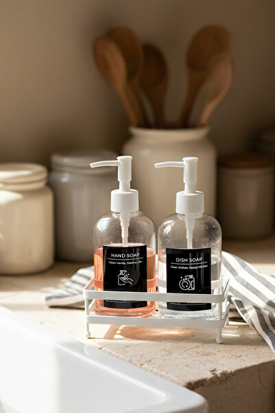 Rakle Σετ 2 Δοχείων Υγρού Σαπουνιού με Μαύρο Λευκό Μεταλλικό Τετράγωνο Σταντ ...