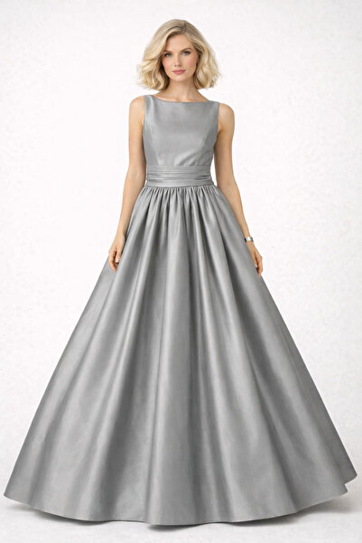 ALYEL NAKER Kayık Yakalı & Kolsuz Gri Tafta Maxi Davet Elbisesi