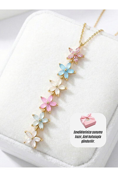 SWANOVAJEWELRY Renkli Kedi Gözü Taşlı 6'lı Çiçek Suyu Yolu Kolye