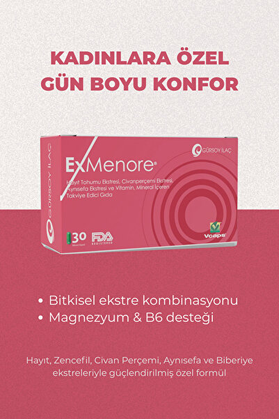 ExMenore Bitki Ekstreleri, Magnezyum ve Vitamin B6 İçeren Takviye Edici Gıda