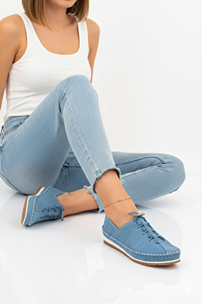 Deripabuc Blue Genuine Leather Women's Ballerinas - Dp16-0052