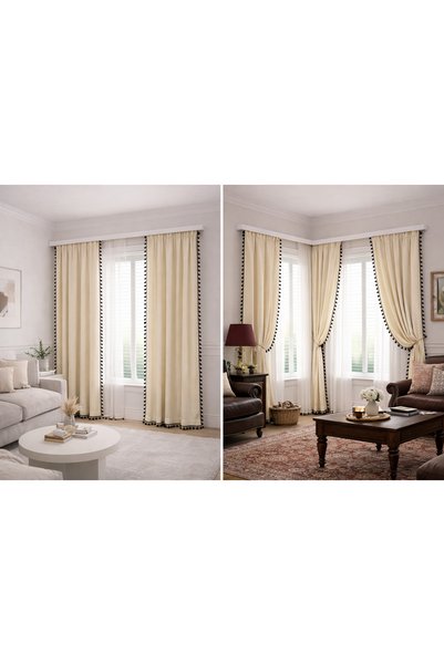 perde plus Draperie boemă cu detalii cu ciucuri și partea superioară tip fagure, panou unic, potrivită pentru cornișă și stil rustic