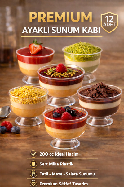 OPTİMEX 12 Adet Ayaklı Mika Kristal Sunum Kabı 200 cc Şeffaf Sert Plastik Tat...