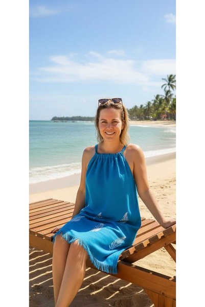 Nevin Acar PETROL LEAF TIED STRAP CHECKMAL BEACH DRESS