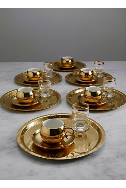 SİNİ Paslanmaz Çelik 6 Adet Yuvarlak Lüx Desenli Gold AD-20 Kahve, Çay Sunum ...