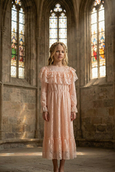 HÇ Hülya Çelik KİDSWEAR 2018 Pudra Pembesi Dantel Kız Çocuk Elbisesi Uzun Kol...