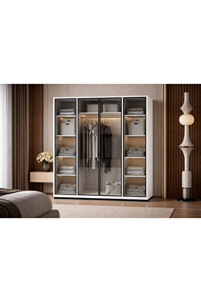 VM VERTEX MOBİLYA Floransa Alüminyum Cam Kapak 4 Kapılı Beyaz-Antrasit Çok Ra...