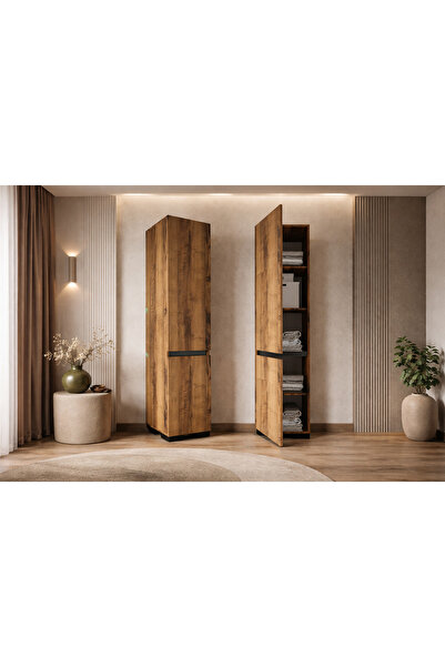 VM VERTEX MOBİLYA Floransa Tek Kapılı 4 Raflı Ceviz-Antrasit Çok Amaçlı Dolap