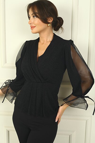 By Saygı Dámska veľkorozmerná trblietavá blúzka s dvojitým golierom a polovič...