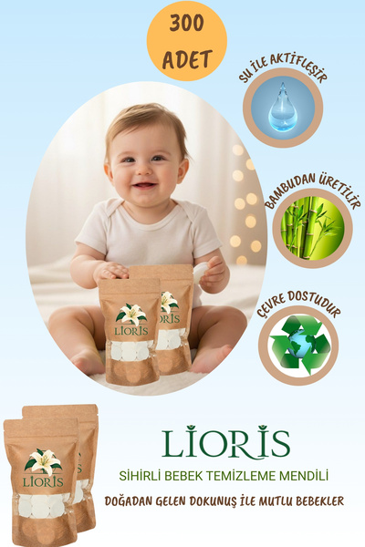 LİORİS Sıkıştırılmış Doğal Alkolsüz Bebek Temizleme Mendili-300 Adet Tablet M...